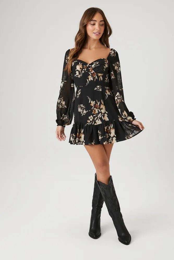 Women's Chiffon Floral Print Mini Dress in Black, XL