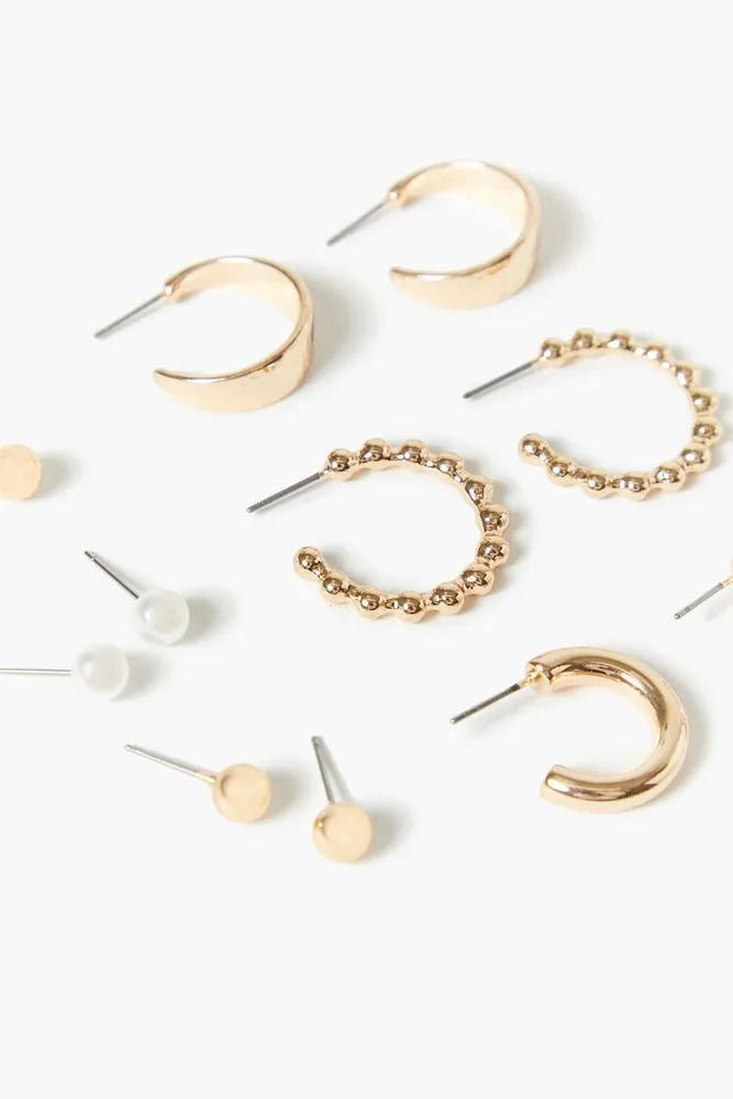 Women's Round Stud & Hoop Earring Set in Gold