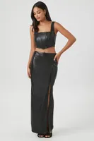 Women's Faux Leather Slit Midi Skirt in Black Small