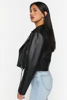 Women's Faux Leather Cropped Moto Jacket in Black Large