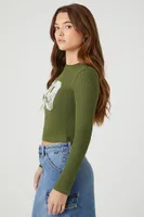 Women's Ribbed Knit 89 Graphic T-Shirt in Olive Medium