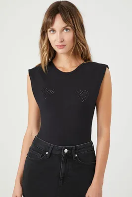 Women's Rhinestone Heart Bodysuit in Black, XS