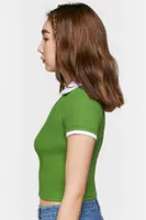 Women's V-Neck Cropped Polo Shirt in Avocado/White Small