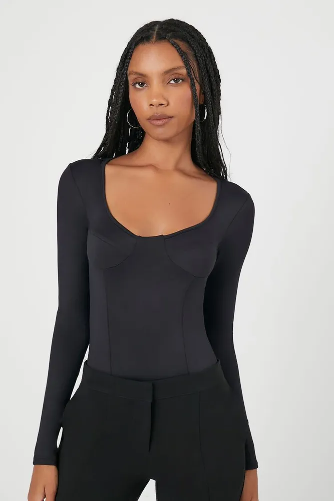 Forever 21 Women's Bustier Long-Sleeve Bodysuit in Black, XL