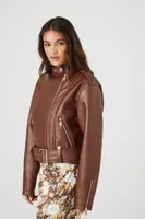 Women's Belted Faux Leather Moto Jacket in Brown Large