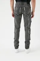 Men Frayed-Trim Skinny Cargo Jeans Washed Black,