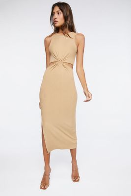 Women's Asymmetrical Cutout Maxi Dress in Taupe, XL