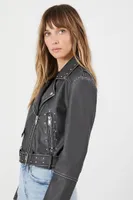 Women's Studded Faux Leather Moto Jacket Washed