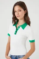 Women's Sweater-Knit Polo Shirt in White/Green Small