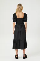 Women's Tiered Puff-Sleeve Midi Dress in Black, XS