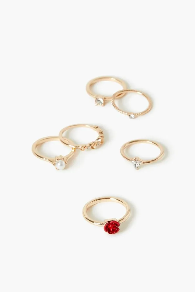 Women's Rhinestone Rose Ring Set in Gold/Red, 7