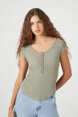 Women's Curved-Hem Thermal Henley Top Large