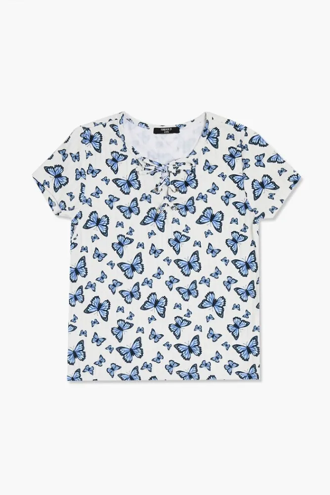 Girls Butterfly Print Lace-Up Top (Kids) in White, 13/14