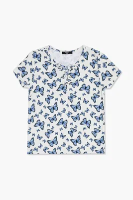 Girls Butterfly Print Lace-Up Top (Kids) in White, 13/14