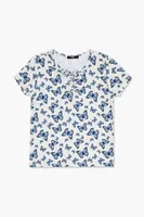 Girls Butterfly Print Lace-Up Top (Kids) in White, 9/10