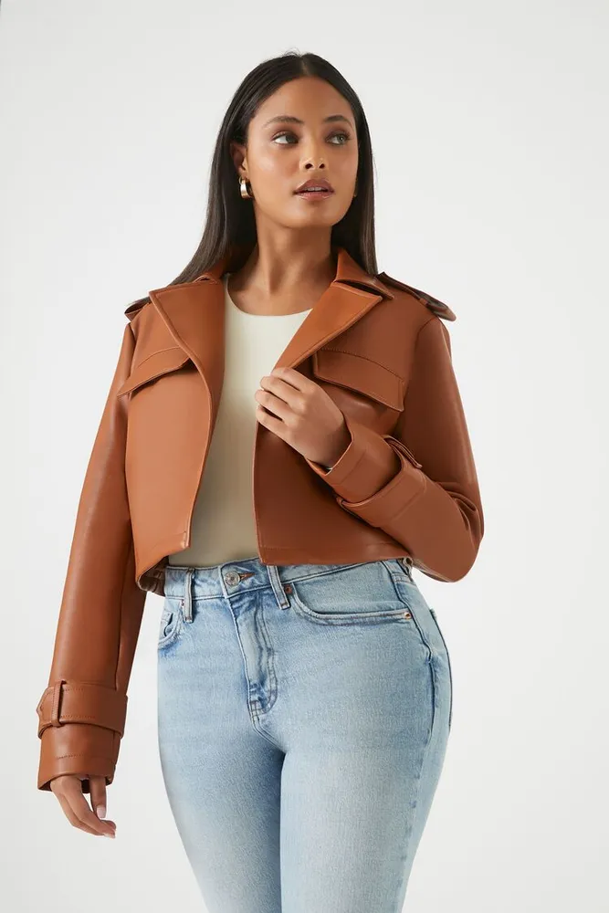 Women's Cropped Faux Leather Jacket in Brown Small