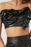 Women's Faux Leather Rosette Tube Top in Black Small