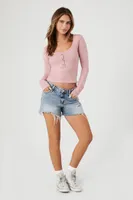 Women's Cropped Sweater-Knit Henley Top in Pale Mauve, XL