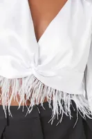 Women's Satin Feather Fringe Crop Top in White Medium