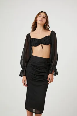 Women's Mesh Ruched Midi Skirt in Black Small