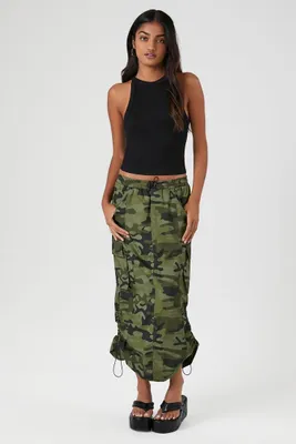 Women's Camo Print Cargo Midi Skirt in Olive Medium