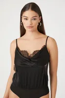 Women's Satin Lace-Trim Bodysuit Black,