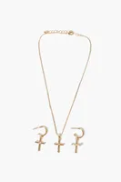 Women's Cross Necklace & Drop Earring Set in Gold