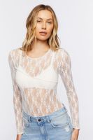 Women's Sheer Floral Lace Bodysuit in Vanilla Small