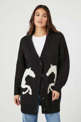 Women's Horse Cardigan Sweater in Black/White Small