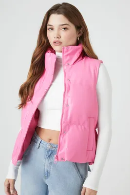 Women's Faux Leather Quilted Puffer Vest in Pink Large