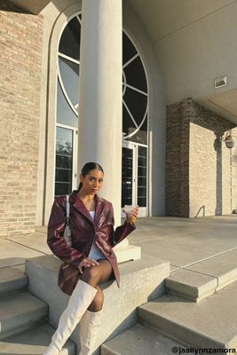 Women's Faux Patent Leather Notched Blazer in Burgundy Small