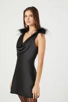 Women's Feather-Trim Satin Slip Dress in Black Small