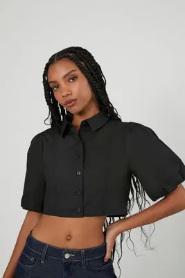 Women's Cropped Puff-Sleeve Shirt in Black Large