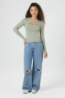 Women's Seamless Ribbed Knit Cutout Top Green Haze