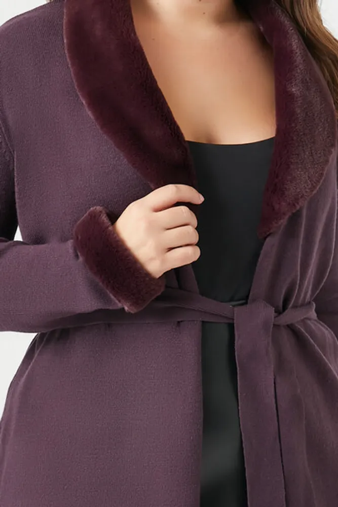 Women's Faux Fur-Trim Cardigan Sweater Eggplant,