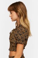 Women's Ornate Print Puff-Sleeve Crop Top in Brown Small