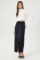 Women's Lace-Up Slit Maxi Skirt in Dark Denim, XS