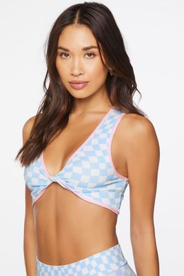 Women's Checkered Seamless Twist-Front Bralette in Sky Blue/Light Pink Medium