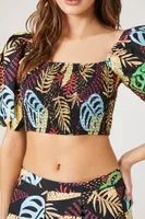 Women's Tropical Print Puff-Sleeve Crop Top in Black Medium