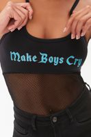 Women's Make Boys Cry Graphic Mesh Bodysuit in Black Small