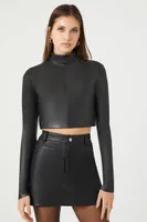 Women's Faux Leather Mock Neck Crop Top in Black Small