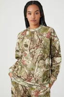 Women's Fleece Leaf Print Pullover in Olive, XS