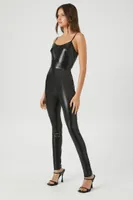 Women's Fitted Faux Leather Cami Jumpsuit in Black Medium