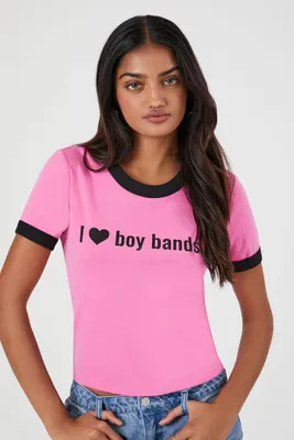 Women's I Love Boy Bands Graphic Ringer T-Shirt in Pink, XS