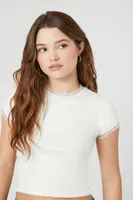 Women's Lace-Trim Bored Cropped T-Shirt in Cream, XS