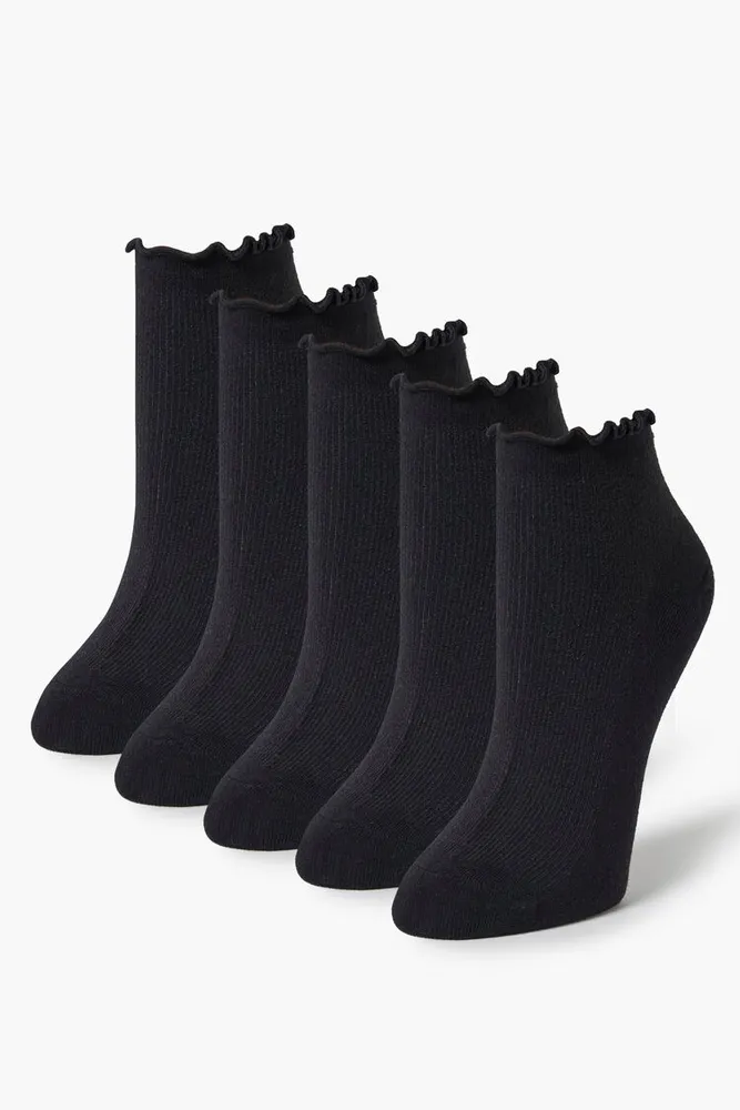 Lettuce-Edge Ankle Socks Set - 5 pack in Black/Black