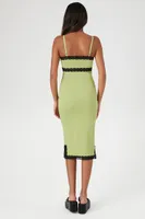 Women's Ribbed Lace-Trim Midi Dress in Green/Black Small