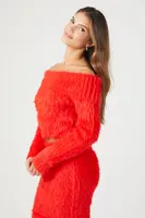 Women's Faux Fur Off-the-Shoulder Top in Fiery Red Large