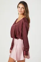 Women's Satin Surplice Bodysuit in Wine Medium