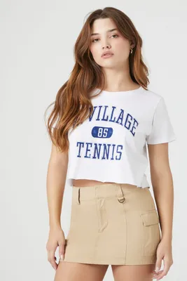 Women's W Village Tennis Graphic Cropped T-Shirt in White Large